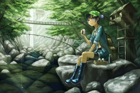 Fishing Day - fishing, hat, trees, water, waterfall, touhou, anime, shorts, food, bridge, blue eyes, boots, backpack, blue hair, forest, fish, kawashiro nitori