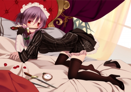 The Beautiful Assassin - anime, skirt, knives, thighhighs, blush, weapons, petals, red eyes, short hair, izayoi sakuya, bed, touhou, purple hair, headdress