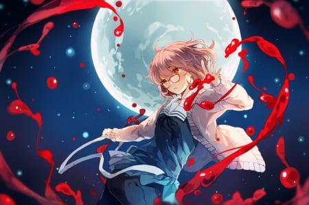 Kyoukai No Kanata - moon, skirt, sky, stars, glasses, night, blood, brown hair, orange eyes, anime, kyoukai no kanata, kuriyama mirai, short hair