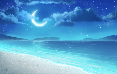 Crystal Beach - nice, beauty, beach, sky, magic, water, fantasy, pretty, cloud, moon, ocean, night, lovely, star, beautiful, crescent, sweet, sea