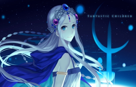 Blue Fantasy - nice, woman, beauty, female, gems, jewels, anime girl, white, art, pretty, anime, cute, maiden, jewerly, moon, lady, girl, light, long hair, night, lovely, glow, blue, beautiful, sweet, dress