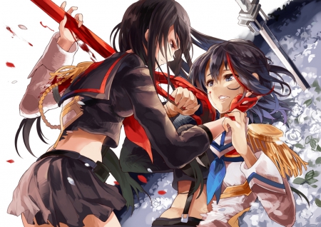 i will save you - godrobes, bluew, anime, kill, Kill, matoi, black, godrobe, white, red, sits, la