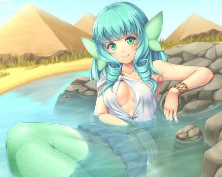 Mermaid - pretty, anime, female, scenery, scene, green hair, long hair, mermaid, hd, nice, anime girl, water, beautiful, girl, scenic, wet, beauty, lovely, sweet