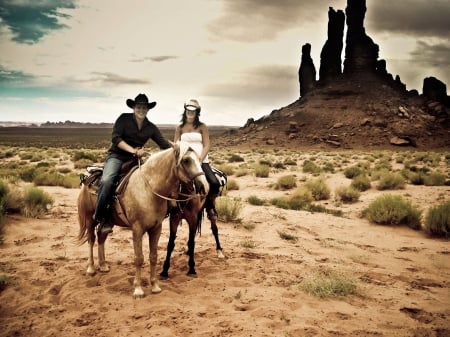 Cowgirl With Friends - male, fun, female, cowgirls, hats, rodeo, western, horses, plains, cowboys, ranch