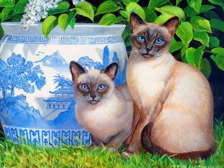 Cats in garden - pot, cute, flowers, spring, leaves, lilac, grass, art, cats, friends, painting