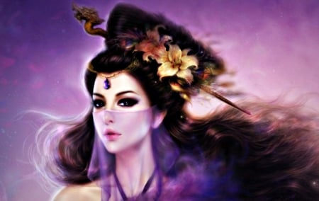 Fantasy beauty - hat, veil, amethyst, pendant, girl, flower, pink, fantasy, purple, woman, princess, asian