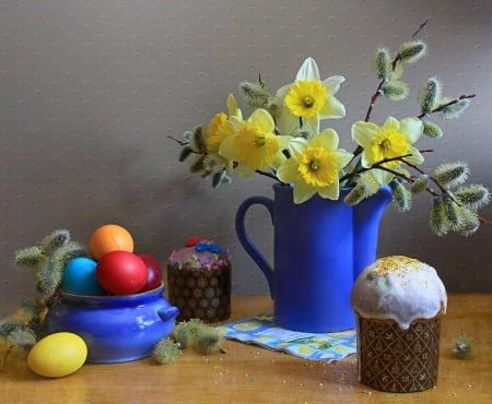 Easter Still Life - eggs, pitcher, easter eggs, easter, daffodils, still life, spring, cakes