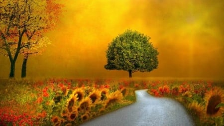 Landscape - blossoms, road, beautiful, artwork, scenery, sunflowers, field, tree, nature, painting