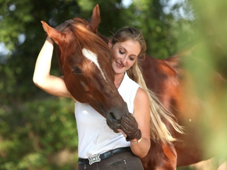 Cowgirl and Her Horse - woman, trees, female, girl, cowgirl, mist, horse, friends, cowgir, blonde