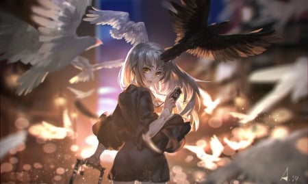 So beautiful! - pretty, anime, birds, magic, female, dress, long hair, nicecute, white hair, nice, sky, yellow eyes, anime girl, beautiful, beauty, cool, sweet, fantasy, smile, sunset, awesome, lights, cute, animals