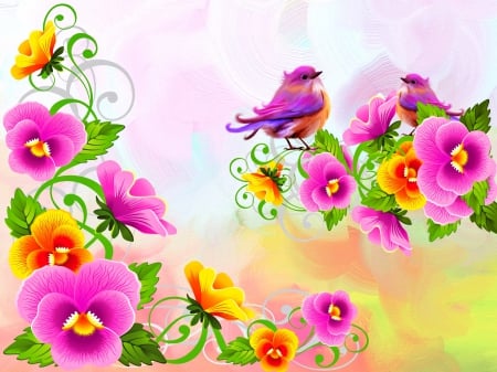 Bird's Couple - flowers, birds, spring, pansies