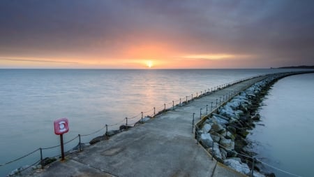 long stone wharf at sunset - stone, sunset, sea, wharf