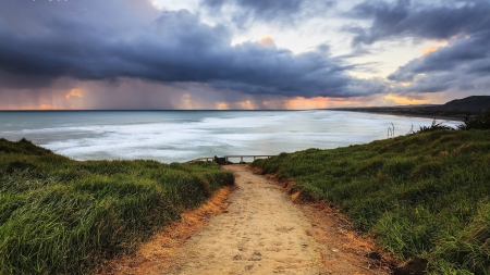 approaching storm - rain, clouds, shore, grass, sea, path, storm