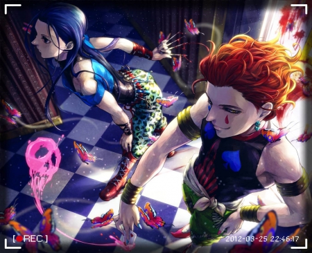 Hisoka and Illumi - hunter x hunter, hisoka, caught on camera, nen users, blood, shop, illumi zoldyck, stealing, anime, manga, butterflies, bungee gum