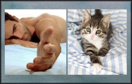 M & C - laying, hand, paw, funny, by carmencitazapacita, man, cat