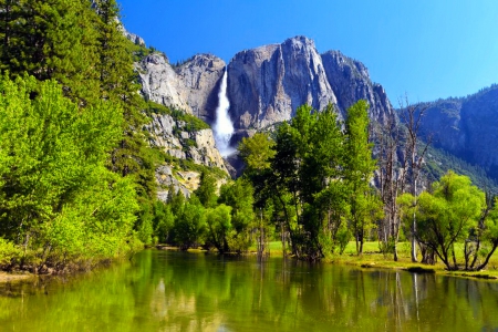 Yosemite falls - lake, sky, mountain, trees, falls, greenery, waterfall, nature, yosemite, reflection, natiional park, cliffs