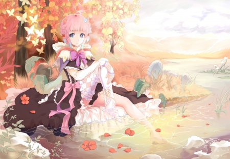 Maiden - maiden, beautiful, anime girl, girl, lady, scenery, pink hair, scenic, pretty, water, beauty, sweet, anime, dress, pond, long hair, nice, lovely, scene, female