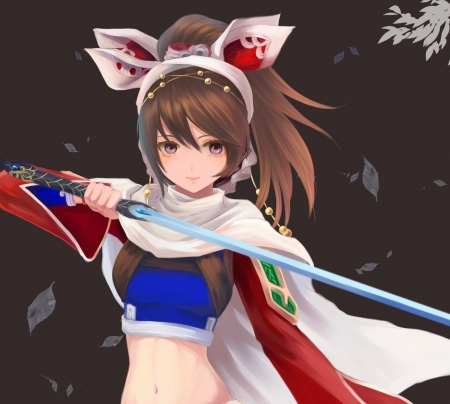 Warrior - pretty, anime, female, warrior, long hair, emotional, weapon, nice, anime girl, serious, hot, sword, lovely, brown hair, sweet, blade, cute, sexy