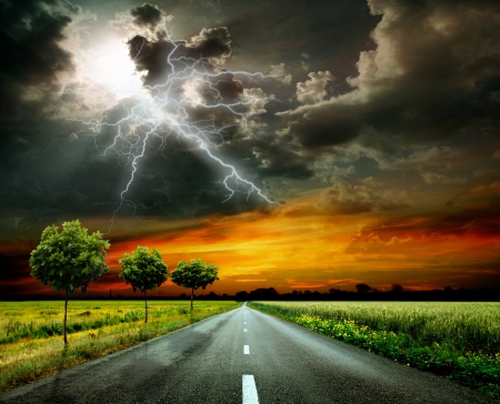 ♥Sunset Road♥ - clouds, moon, road, stormy, sunset, field, lightning, sky, way