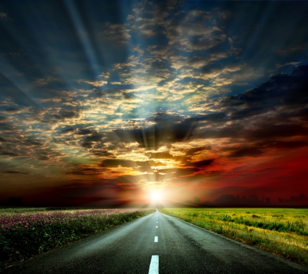 ♥Sunset Road♥ - sunset, splendor, road, field, light, sky, way