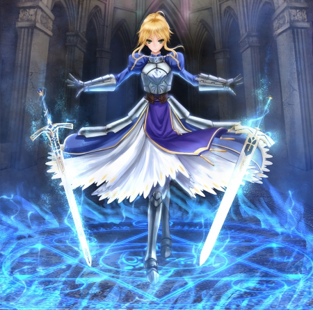 My King - gown, excalibur, sword, blond hair, beautiful, blonde, anime girl, girl, blond, fantasy, blonde hair, magic, light, blade, armor, ir, weapon, magical, glow, pretty, beauty, sweet, fate stay night, anime, dress, knight, long hair, nice, lovely, female, saber