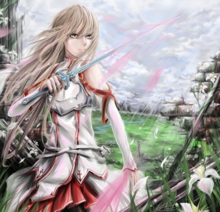 Break Free - asuna, sword, yuuki asuna, anime girl, girl, scenery, blade, armor, scenic, weapon, serious, emotional, anime, knight, asuna yuuki, warrior, long hair, angry, yuuki, sword art online, scene, female, sao