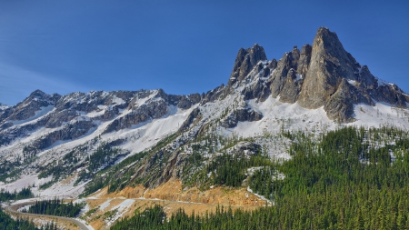 road up libery bell mountain in washington cascades - snow, road, forest, mountains