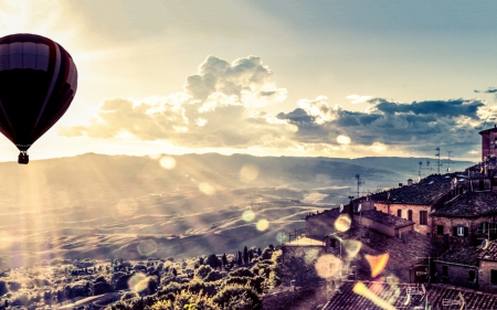 Old City - clouds, sunset, scenery, old, city, sky, baloon