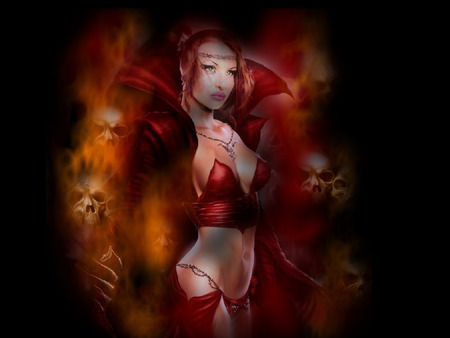 through the fire and the flames...the fyre princess - woman, princess, sexy, female, flames, through the fire nd the flames, gothic, fire, other, dark, red, skulls, starrayne