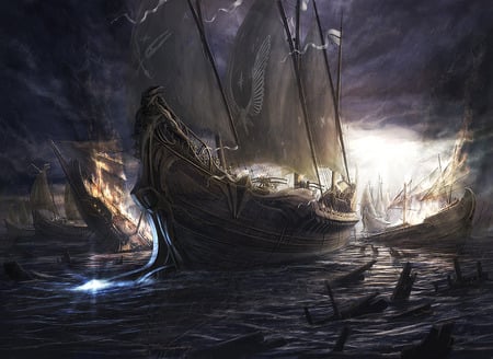 After the Battle - fire, destroyed, dark sky, water, light, ship, battle, darkness