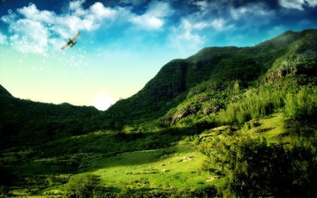 SKY IS THE LIMIT - hills, manipulation, scenery, field, digital, airplane, grass, photo