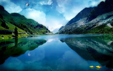 THE LAKESIDE - lake, hills, manipulation, scenery, digital, photo, balloon