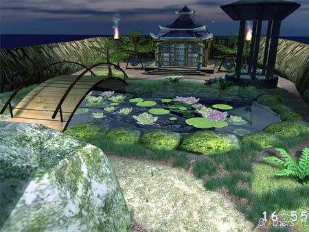 The Water Pond - torches, asian house, bridge, lily pads, pond, rocks