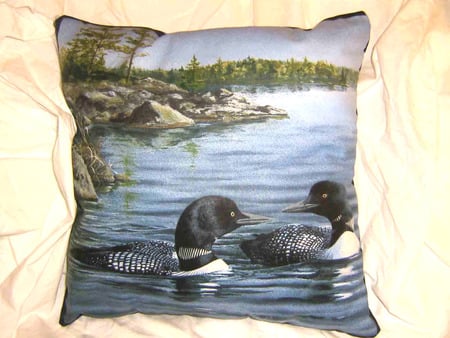 2 Quackers - shoreline, art, lake, trees, 2 ducks, frame