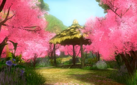 Pink trees - path, trees, hut, nature