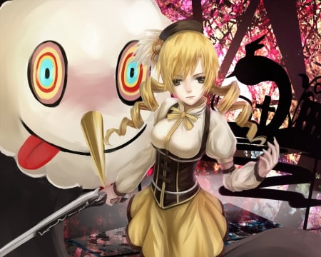 Tomoe Mami - anime, female, Mami, Tomoe, dress, blonde, blond hair, long hair, blond, Mahou Shoujo Madoka Magica, hd, anime girl, hot, girl, blonde hair, Tomoe Mami, magical girl, sexy