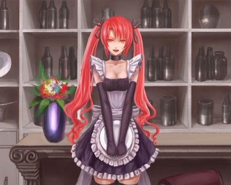 Maid - redhead, tail tails, female, hot, waitress, twintail, bar, tray, animegirl, anime, bottle, twin tail, sexy, girl, twintails, long hair, apron, red hair, hd, counter, smile, maid