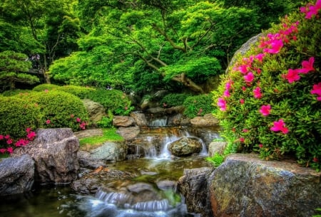 Small water cascades in park - cascades, trees, greenery, water, park, spring, watre, pretty, beautiful, stones, flowers, small