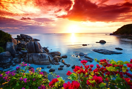 Sunrise over Koh Samui - Thailand - amazing, sunrise, Thailand, flowers, shore, view, exotic, waters, sky, clouds, Asia, beautiful, sea, lovely, glow, colorful, rays, rocks