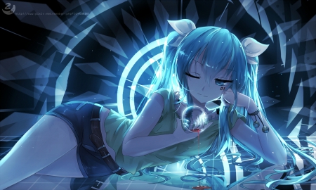 Pouring - female, glasses, anime girl, miku hatsune, laying, dark, anime, miku, hatsune miku, girl, lying, long hair, lay, vocaloids, hd, glow, hatsune, vocaloid