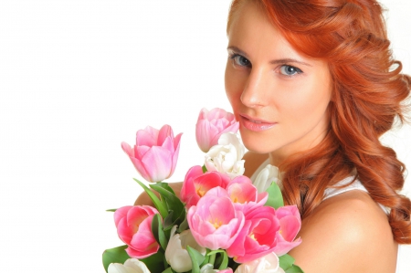 :) - woman, pink, tulips, flowers, bouquet, lovely, redheads hair