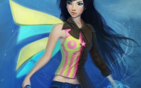 Fantasy girl - heterochromia, anime, yellow, blue, brunette, fantasy girl, wynniemaru, pink