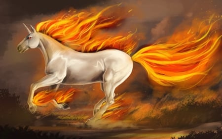 Unicorn - white, fire, horse, animal, fantasy, orange, unicorn