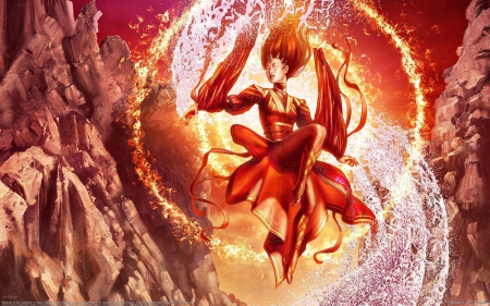 Fantasy girl - fire, fantasy, water, orange, girl, woman