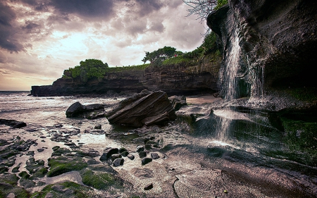 Waterfall onto a Beach - water, beach, waterfall, rocks