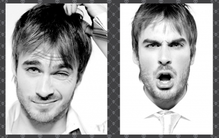 You, dangerous? Neah... Look at me! - actor, by cehenot, collage, man, vampire diaries, black, white, funny, Ian Somerhalder, face