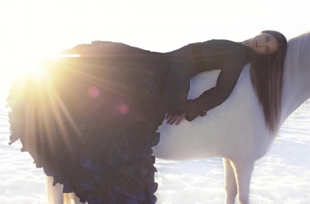 Carmen Kass - rays, sun, cowgirl, winter, sun rays, horse, snow, carmen kass, brunette, dress