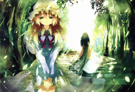 â™¥~Ò’Î±ÑÉ›Ï‰É›â„“â„“~â™¥ - trees, sanae kochiya, greenery, wonderful, yukari yakumo, touhou, game, cute, adorable, girl, sad, lovely, alone, lonely, beautiful, friends, sweet, smile, blonde