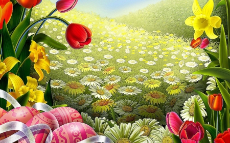 Springtime - eastereggs, blossoms, artwork, tulips, flowers, daisies