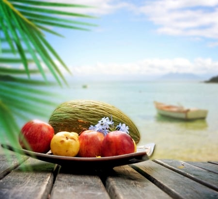 â™¥Tropical Paradiseâ™¥ - sky, beach, fruits, tropical, palm, melon, apples, vacation, sea